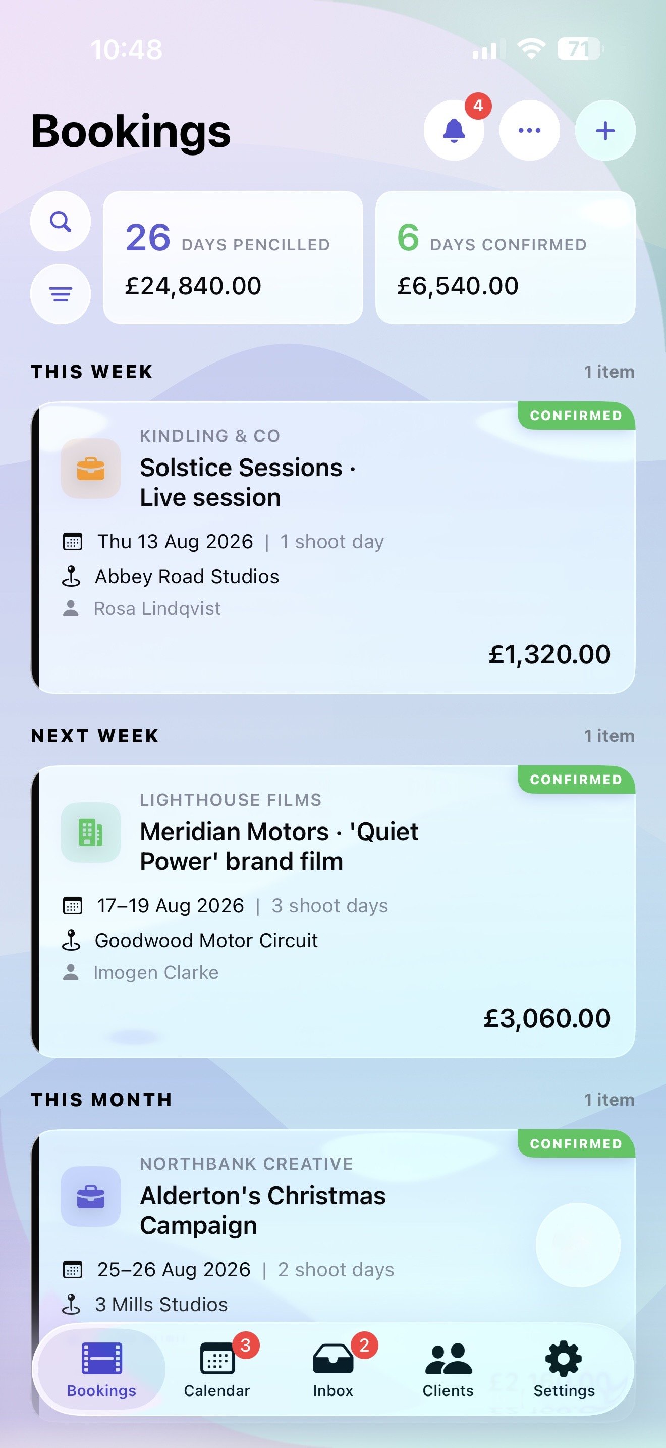 Pencilled diary showing confirmed film and TV bookings